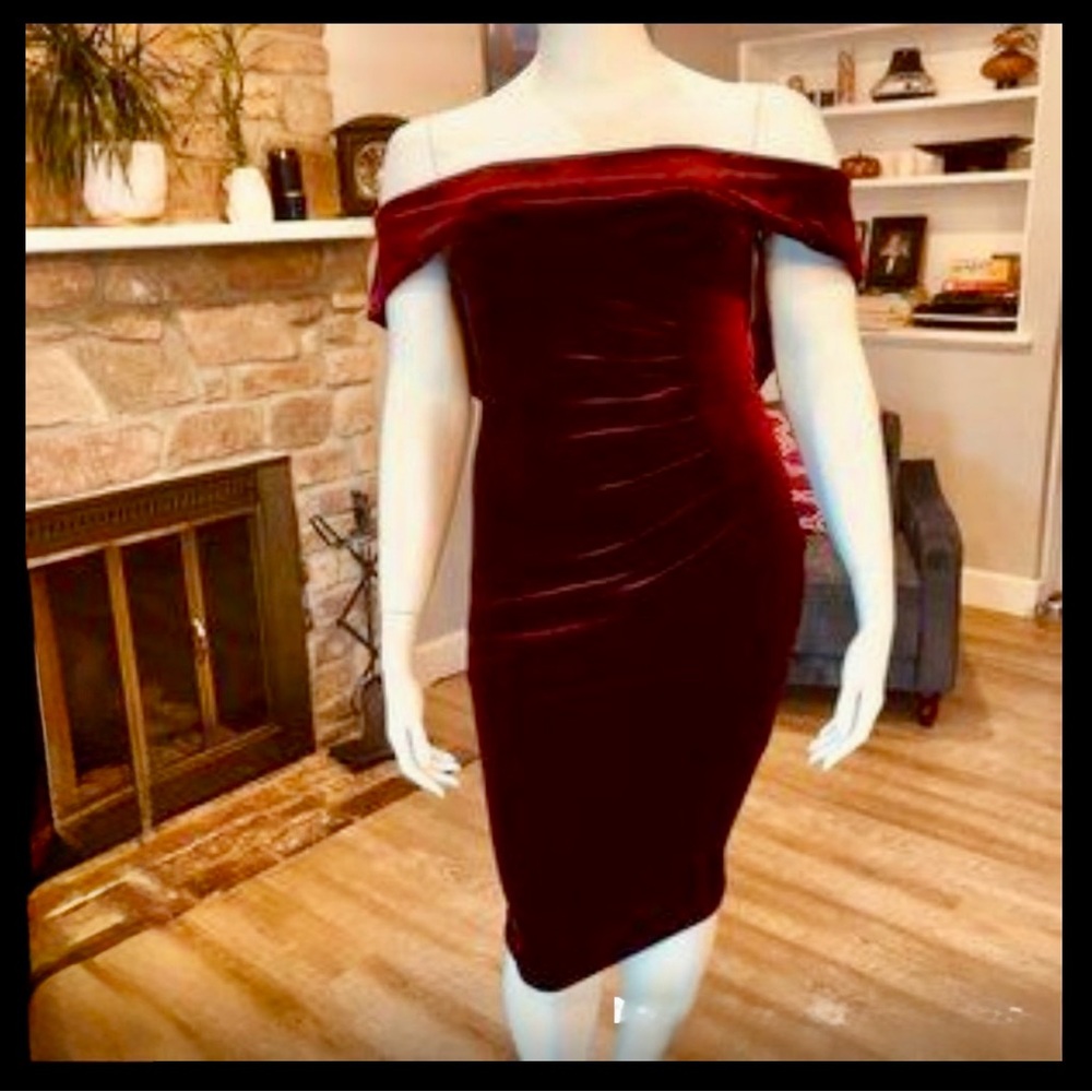 Xscape Wine Colored Off-The Shoulder Midi